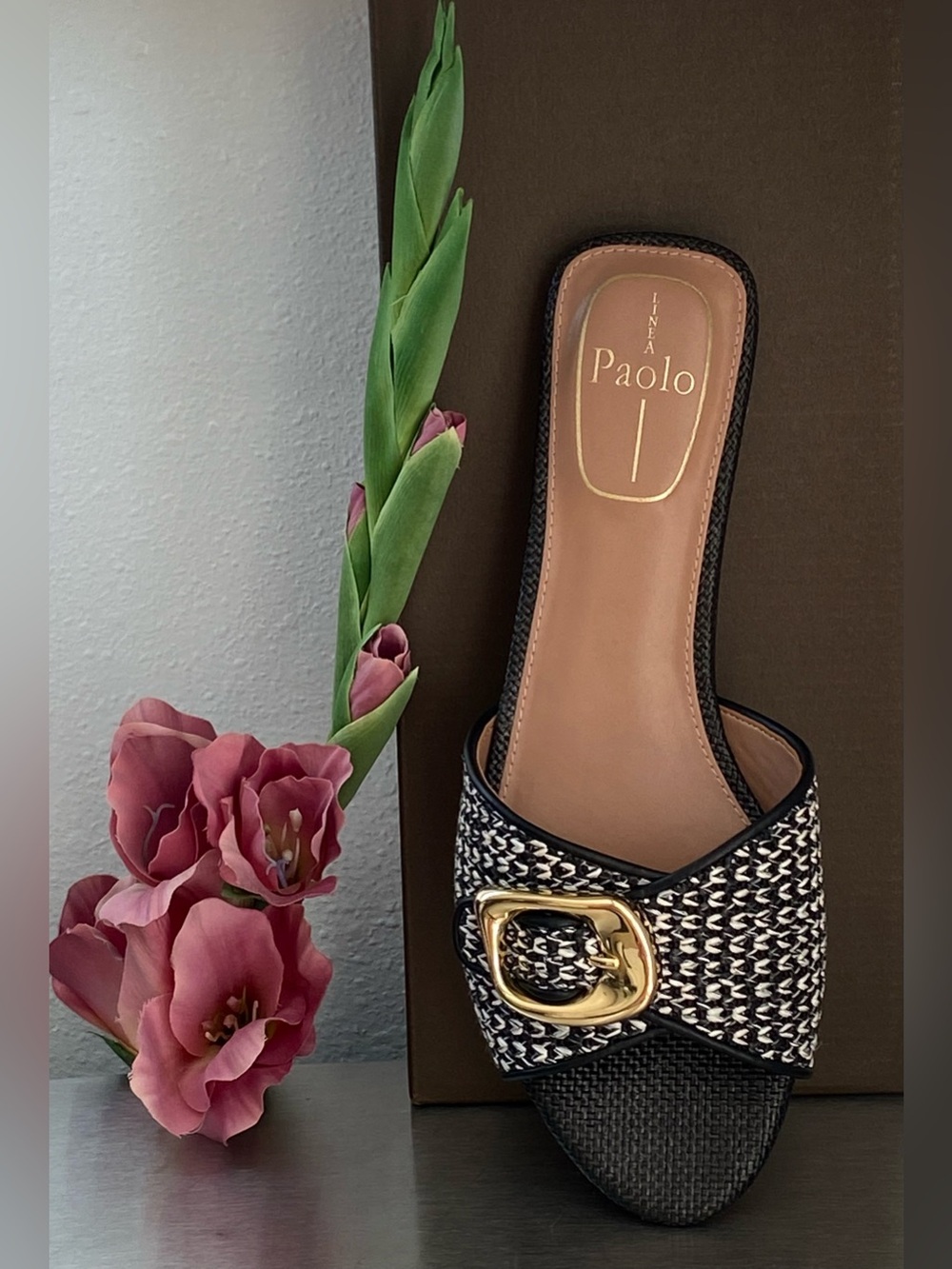NEW WOVEN SLIDE SANDALS WITH GOLD BUCKLE ACCENT